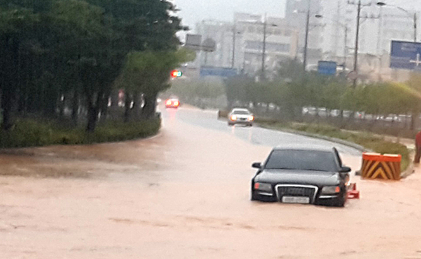  11일 부산에 내린 폭우로 가옥 붕괴와 도로 침수 등의 사고가 이어졌다. 이날 오전까지 부산은 263mm의 강우량을 기록했다. 특히 영도구는 358.5mm의 폭우가 쏟아졌다. 이날 오전 침수된 도로를 차량이 지나고 있다. 