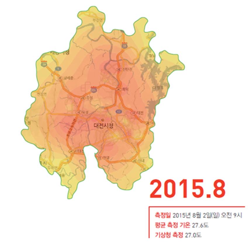 색으로 표현한 대전시 열지도 .