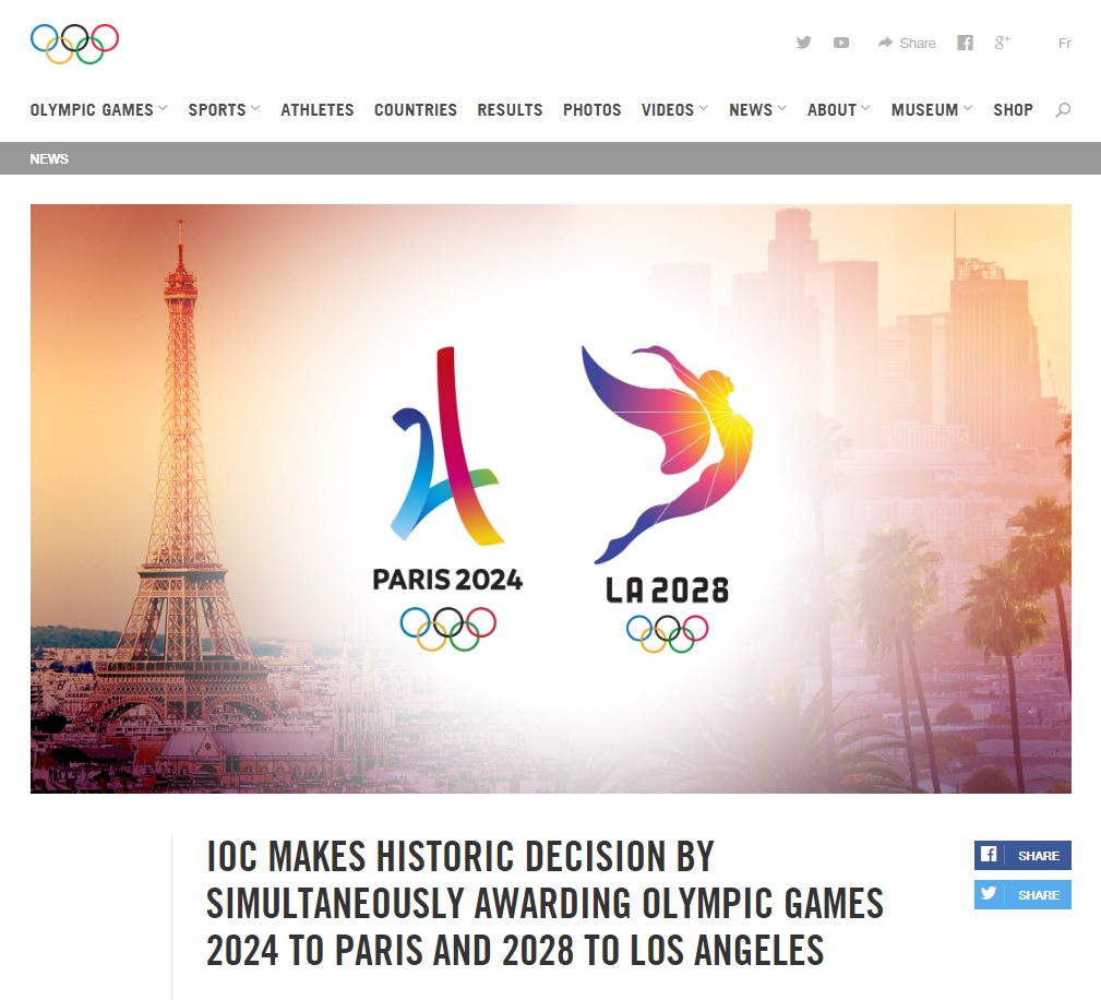 프랑스 파리와 미국 로스앤젤레스(LA)의 2024년·2028년 하계 올림픽 개최 확정을 발표하는 국제올림픽위원회(IOC) 공식 홈페이지 갈무리.