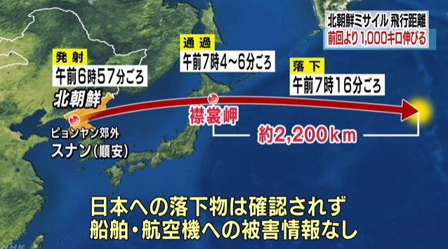북한 미사일 발사를 보도하는 NHK 뉴스 갈무리.