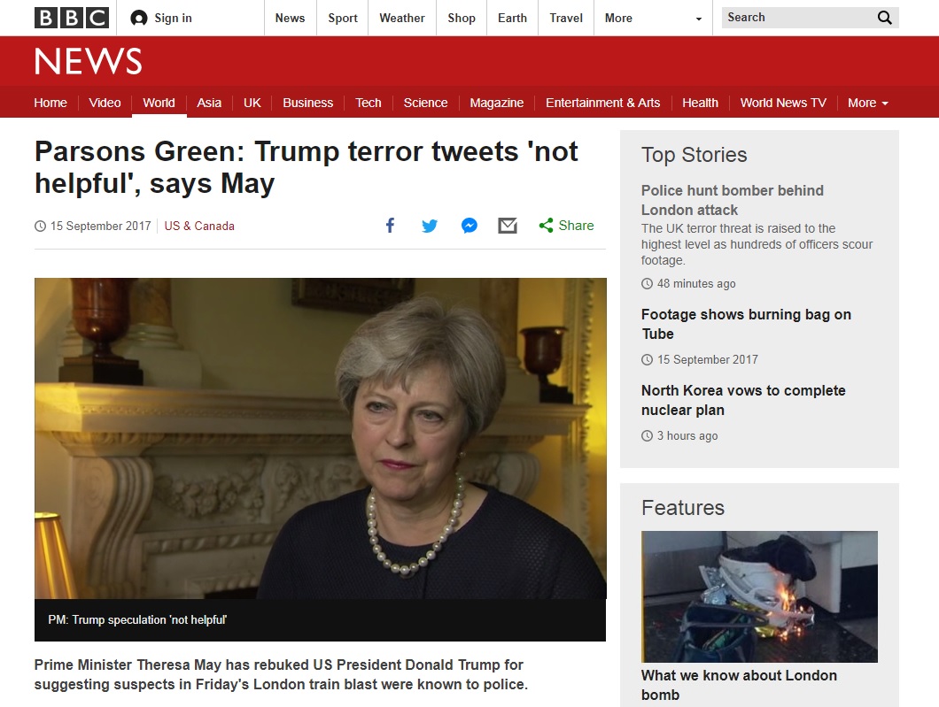 테리사 메이 영국 총리의 도널드 트럼프 미국 대통령 트위터 비판을 보도하는 BBC 뉴스 갈무리.