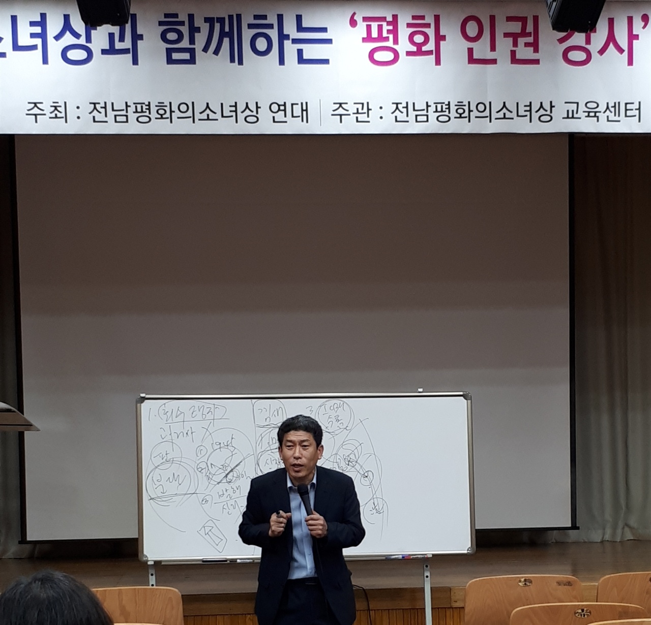 광산구교육희망네트워크 장원섭 대표가 평화 인권 강사 육성을 위해 마련된 교육에서 초청 강사로 강연을 하고 있다. 