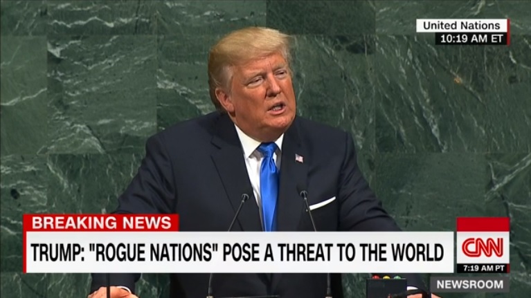 도널드 트럼프 미국 대통령의 유엔 총회 연설을 보도하는 CNN 뉴스 갈무리.