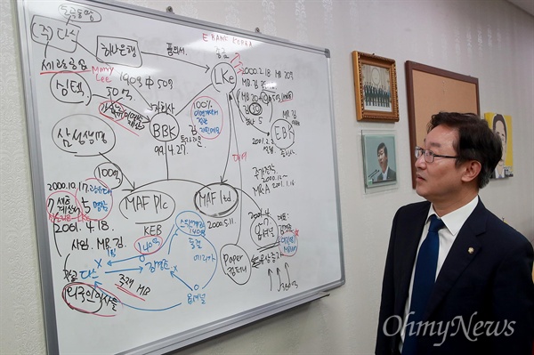 박범계 더불어민주당 적폐청산위원회 위원장이 18일 오후 서울 여의도 국회 의원회관 자신의 집무실에서 <오마이뉴스>와 만나 이명박 전 대통령의 BBK 주가조작 사건 의혹을 정리한 것을 보여주며 “한시라도 잊어본 적이 없다”고 말하고 있다.