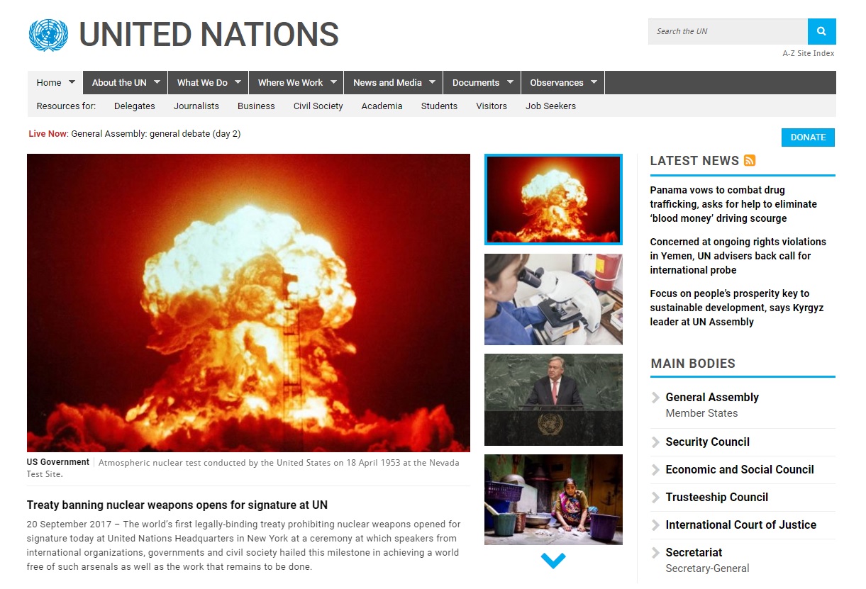 새로운 핵무기 금지 조약의 공식 서명을 발표하는 유엔 공식 홈페이지 갈무리.