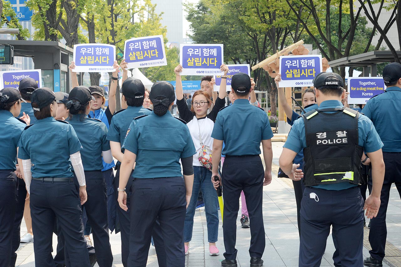  ‘개식용 합법화’를 요구하는 대한육견협회 회원 400여명이 22일 오후 서울 종로구 세종로공원에서 ‘개고기 합법화’를 요구하는 집회를 열고 있는 가운데 ‘동물권단체 케어 회원들’이 집회장 주변에서 '개식용'을 반대하는 피켓시위를 벌이고 있다.