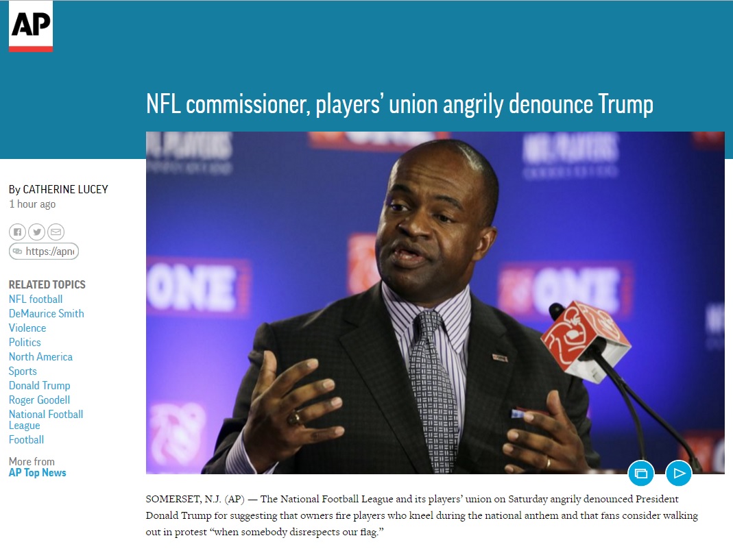 미국프로풋볼(NFL) 사무총장의 도널드 트럼프 대통령 비판 성명을 보도하는 AP 뉴스 갈무리.