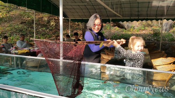  향산호텔 야외식당에서 외국관광객 어린이와 수족관 칠색송어를 그물로 뜨며..