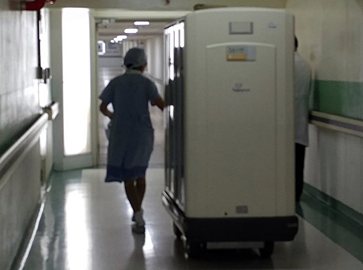 충남대병원 내 조리실(영양팀)의 한 직원이 환자들에게 배식을 하기 위해 배식차를 끌고 병실로 향하고 있다.