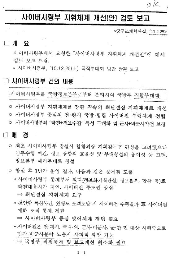 이철희 더불어민주당 의원이 28일 발표한'사이버사령부 지휘체계 개선(안) 검토 보고' 문건.