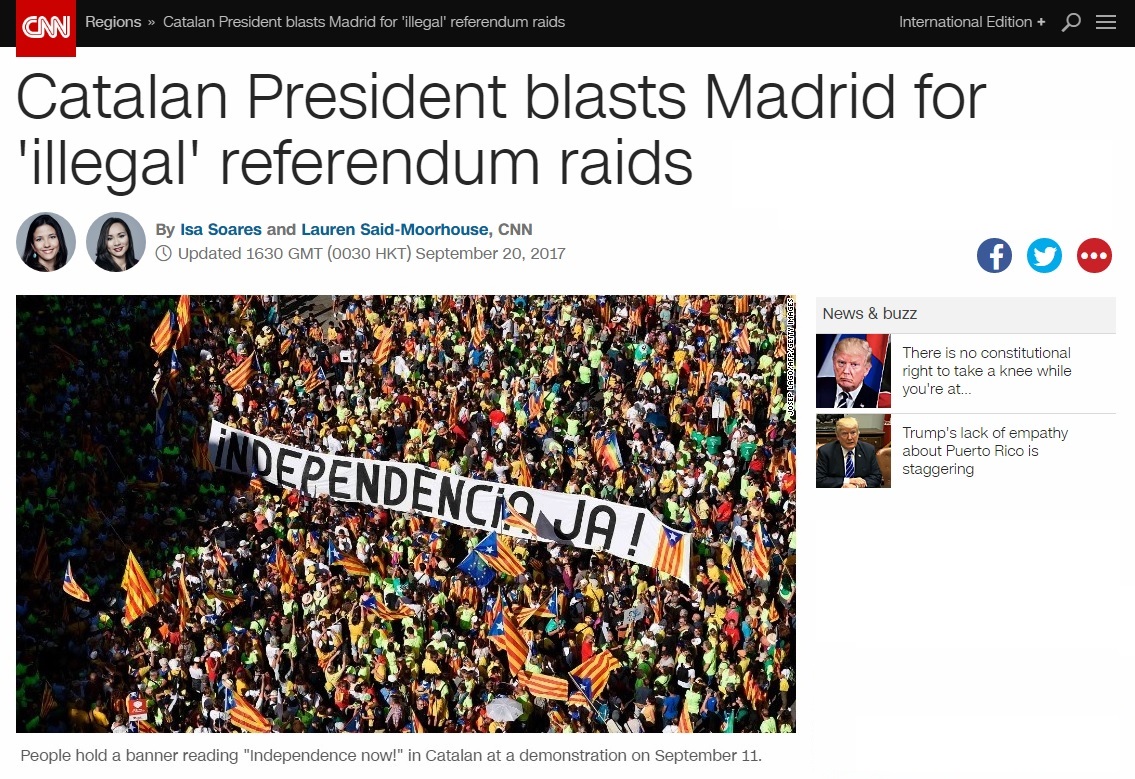 카탈루냐의 분리독립 주민투표를 보도하는 CNN 뉴스 갈무리.