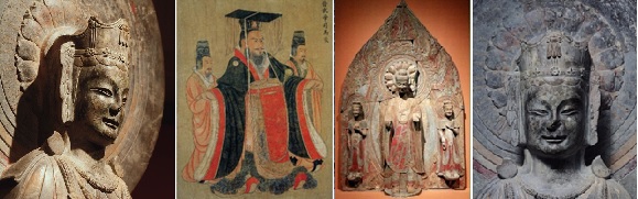           양끝은 매미 관장식 불상이고, 왼쪽은 중국 황제도권에 나오는 관식 그림이고, 오른쪽은 525년에 만들었다고 새겨진 석조삼존입상(중국 산동성)입니다.