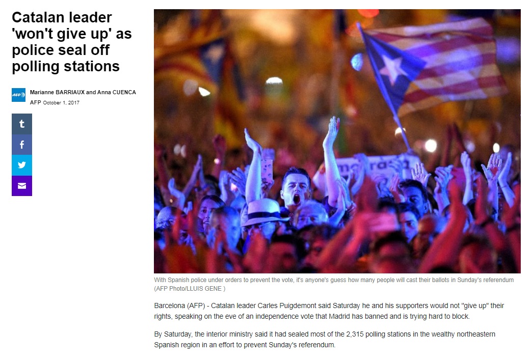 스페인 카탈루냐 지역의 분리독립 주민투표 강행을 보도하는 AFP통신 갈무리.