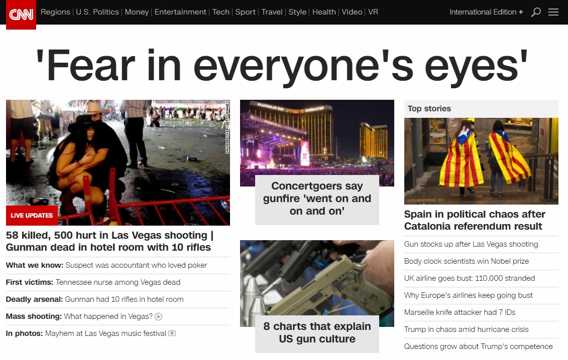 미국 라스베이거스 총기 난사 사건을 보도하는 CNN 뉴스 갈무리.
