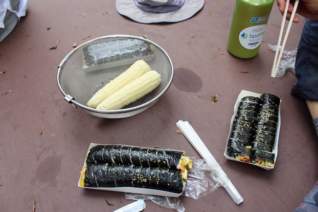  지리산 노고단 종석대 밑 '우번암'에서 먹었던 점심 공양입니다. 사 가지고 간 김밥에 법종 스님께서 내신 '옥수수' 조합이 아름다웠습니다. 하지만 많이 맛있게 먹는 게 죄스럽게 여겨졌습니다.