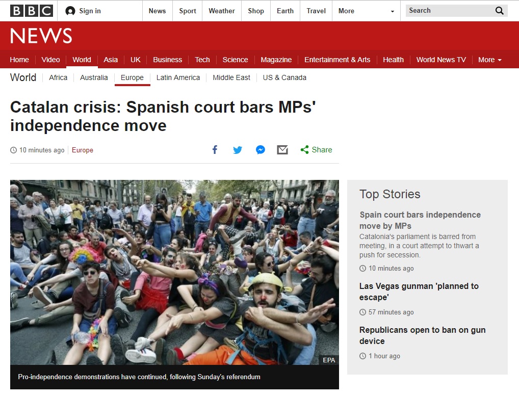 스페인 법원의 카탈루냐 자치의회 중단 명령을 보도하는 BBC 뉴스 갈무리.