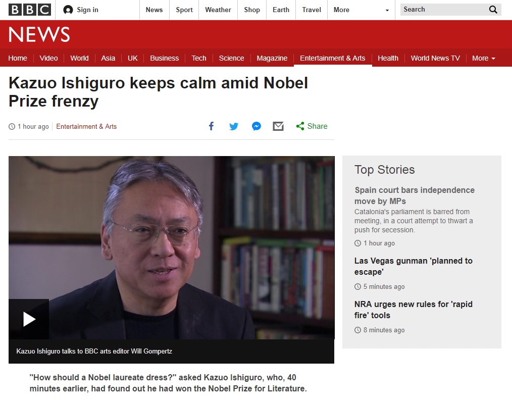 노벨문학상 수상자 가즈오 이시구로의 BBC 인터뷰 갈무리.