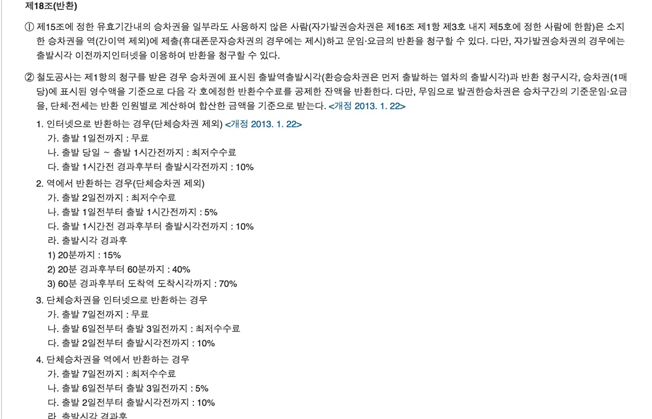  코레일 여객운송약관 제18조 반환규정