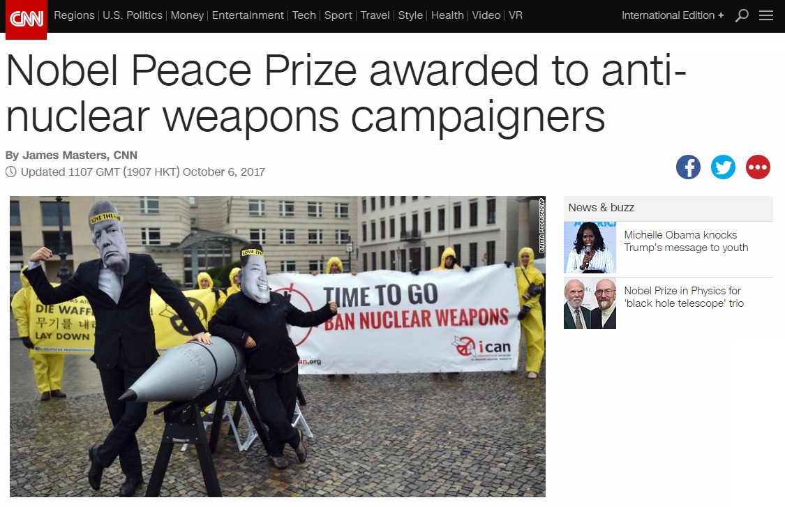 '핵무기폐기국제운동(ICAN)'의 활동을 보도하는 CNN 뉴스 갈무리.
