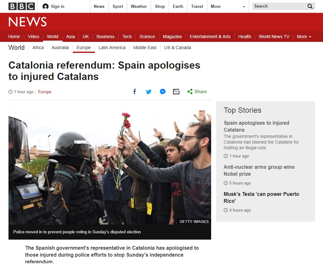 스페인 정부의 카탈루냐 주민투표 과격 진압 사과를 보도하는 BBC 뉴스 갈무리.