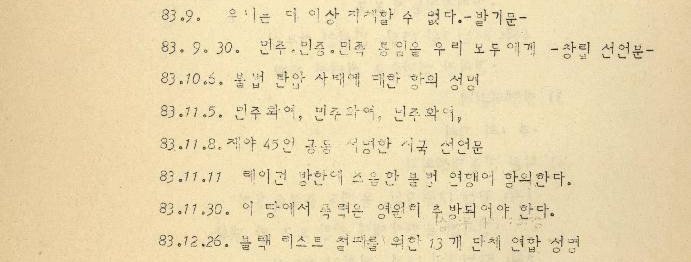 1983년 민주화운동청년연합 창립 이후 그해 작성한 성명서 목록. 1984년에 열린 제2차 총회 보고 문건의 일부