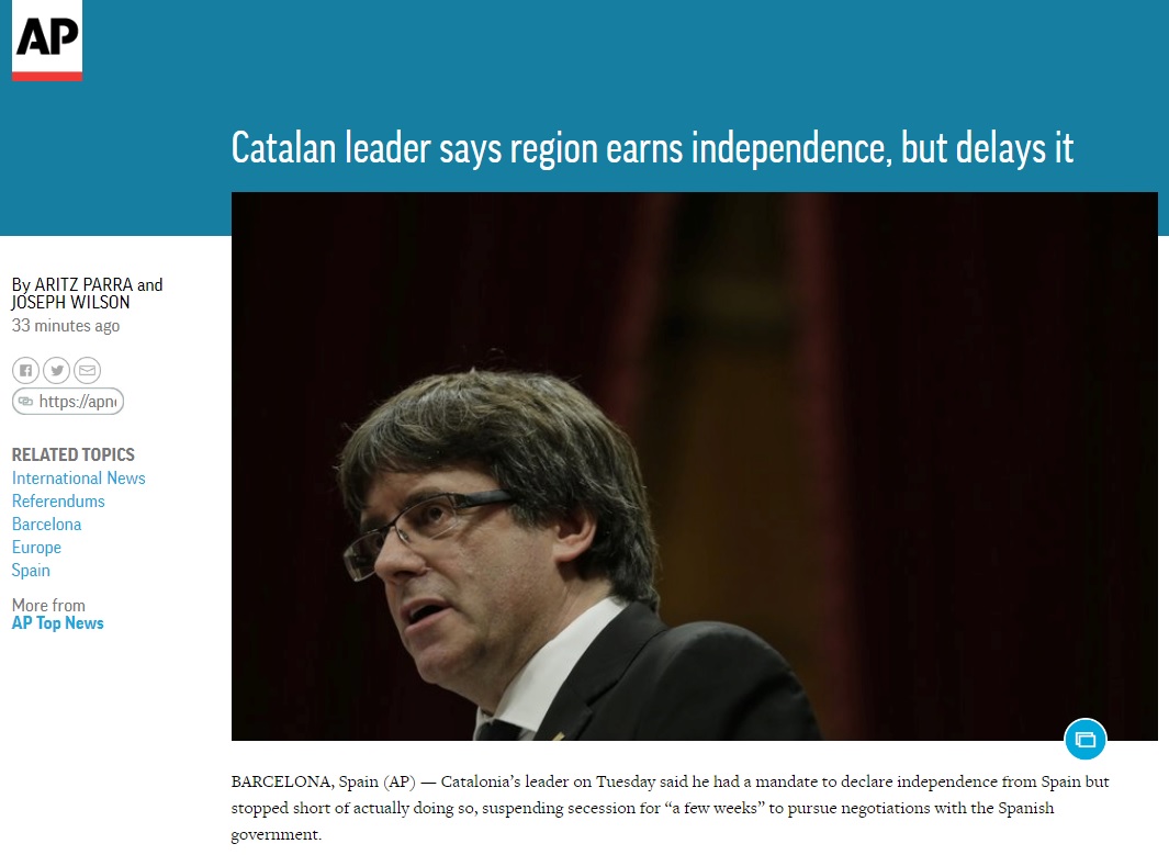 카탈루냐 자치정부의 독립 선언 유예를 보도하는 AP 뉴스 갈무리.