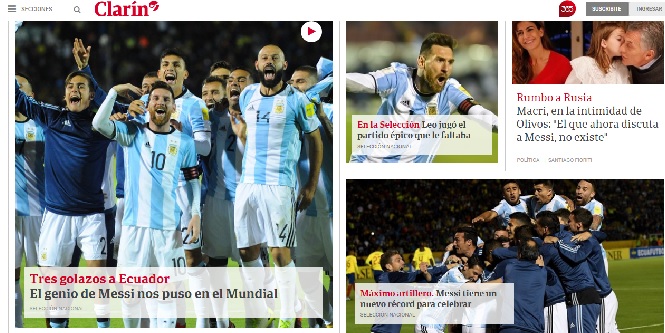  아르헨티나의 월드컵 본선 진출 소식을 전하고 있는 아르헨티나 일간지 <클라린>