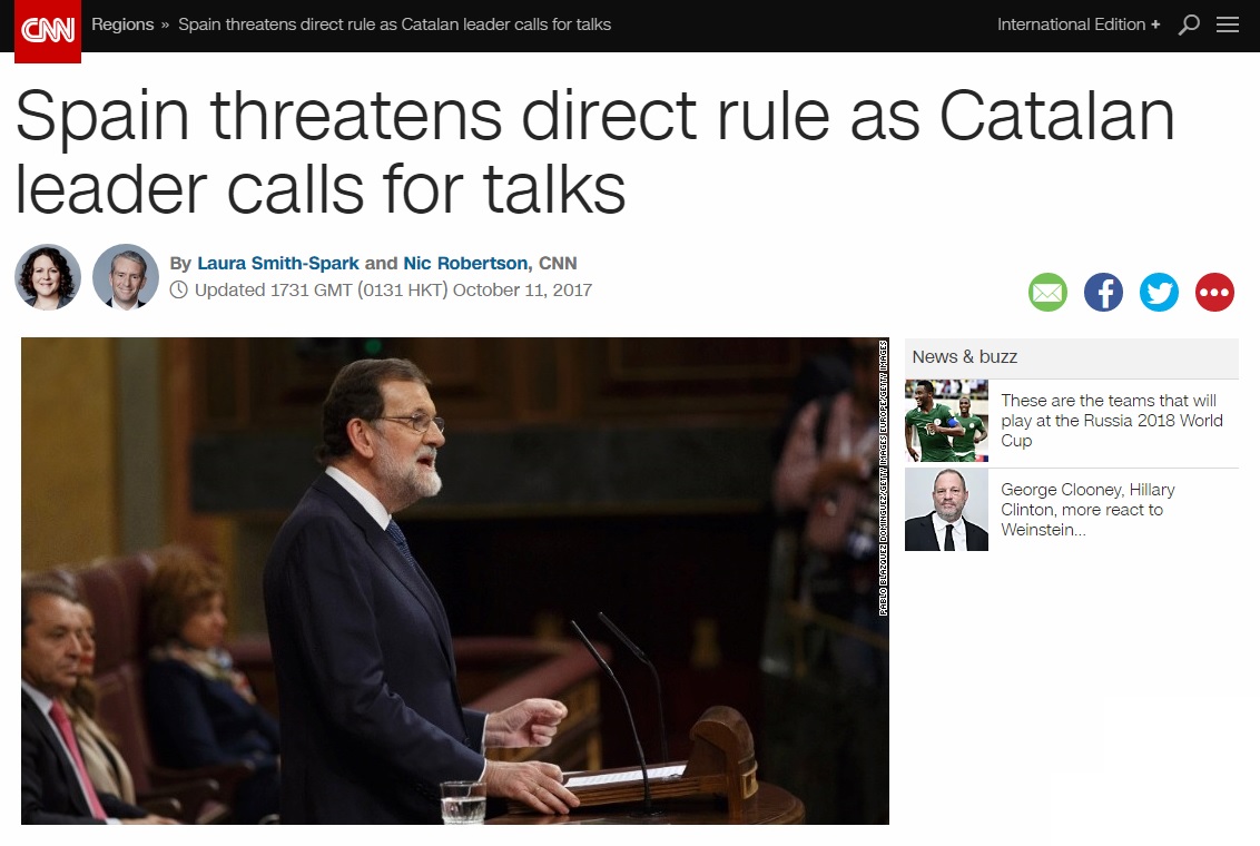 마리아노 라호이 스페인 총리의 카탈루냐 분리독립 관련 긴급 성명을 보도하는 CNN 뉴스 갈무리.