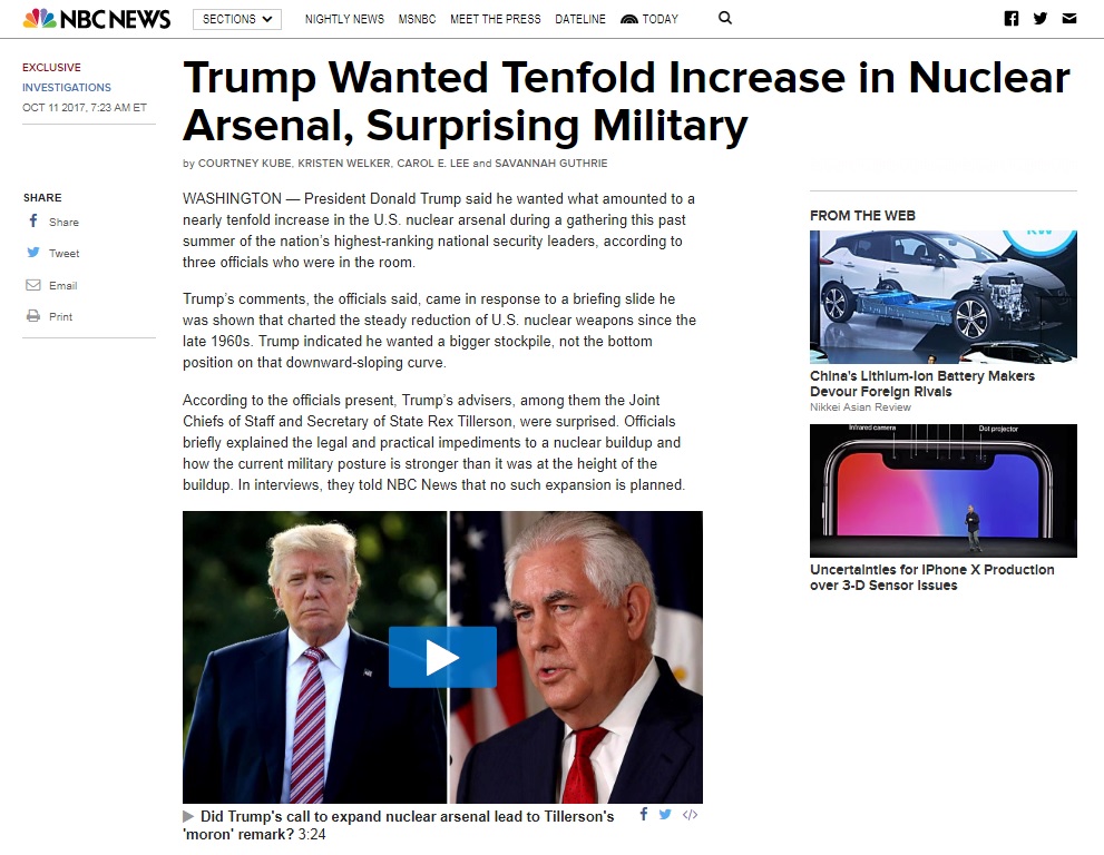 도널드 트럼프 미국 대통령이 핵전력 10배 증강을 희망했다고 보도한 NBC 뉴스 갈무리.
