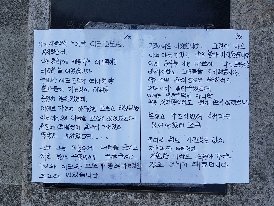 A4용지 두 장으로 된 이 편지에는 “나의 사랑하는 누이와 이모, 고모님 용서하소서”라는 글로 시작해 “누이와 이모, 고모가 떠나던 날 봄나들이 가는 것이 아님을 분명히 알았었는데, 어디로 가는지 아무것도 모르고 엄벙덤벙 따라가는 것이 아님을 모르지 않았었는데 총칼에 떠밀리어 울면서 가는 것을 똑똑히 보았었는데….”라고 당시 위안부 피해자가 끌려가는 상황을 묘사하고 있다.