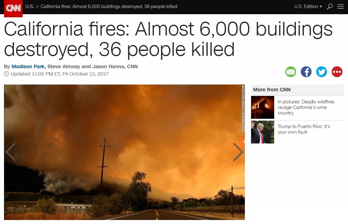 미국 캘리포니아 산불 피해를 보도하는 CNN 뉴스 갈무리.