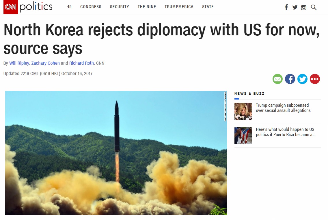도널드 트럼프의 한국 방문과 북한의 미사일 도발 경고를 보도하는 CNN 뉴스 갈무리.