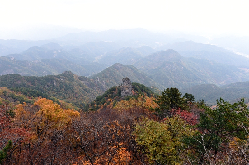 주왕산에서 바라본 풍경. 기암괴석과 어울린 단풍이 인상적이다.