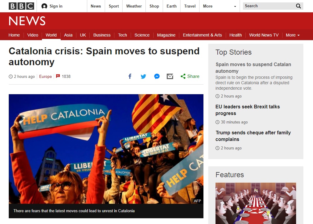 스페인 정부의 카탈루냐 자치권 몰수 경고를 보도하는 BBC 뉴스 갈무리.