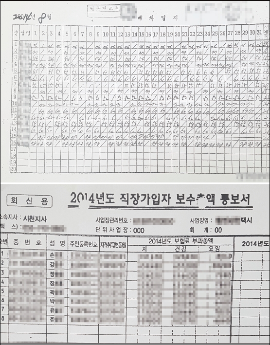 ▲ 택시 지입제 협의가 드러난 A사의 2014년도 8월의 배차일지(16명, 위)와 국민건강보험 2014년도 직장가입자 보수총액 통보서(8명, 아래) 사이에 인원 차이가 크다.