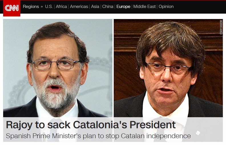 스페인 정부의 카탈루냐 자치권 몰수를 보도하는 CNN 뉴스 갈무리.