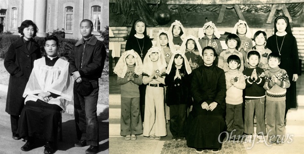 1963년 신학생 시절(오른쪽에 선 앳된 모습의 동생 문규현은 형의 길을 따라 훗날 사제의 길을 걷는다). 사제수품 후 교구에서 활동하던 1967년 무렵의 문정현.

