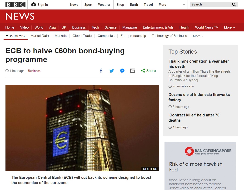유럽중앙은행(ECB)의 양적완화 축소 결정을 보도하는 BBC 뉴스 갈무리.