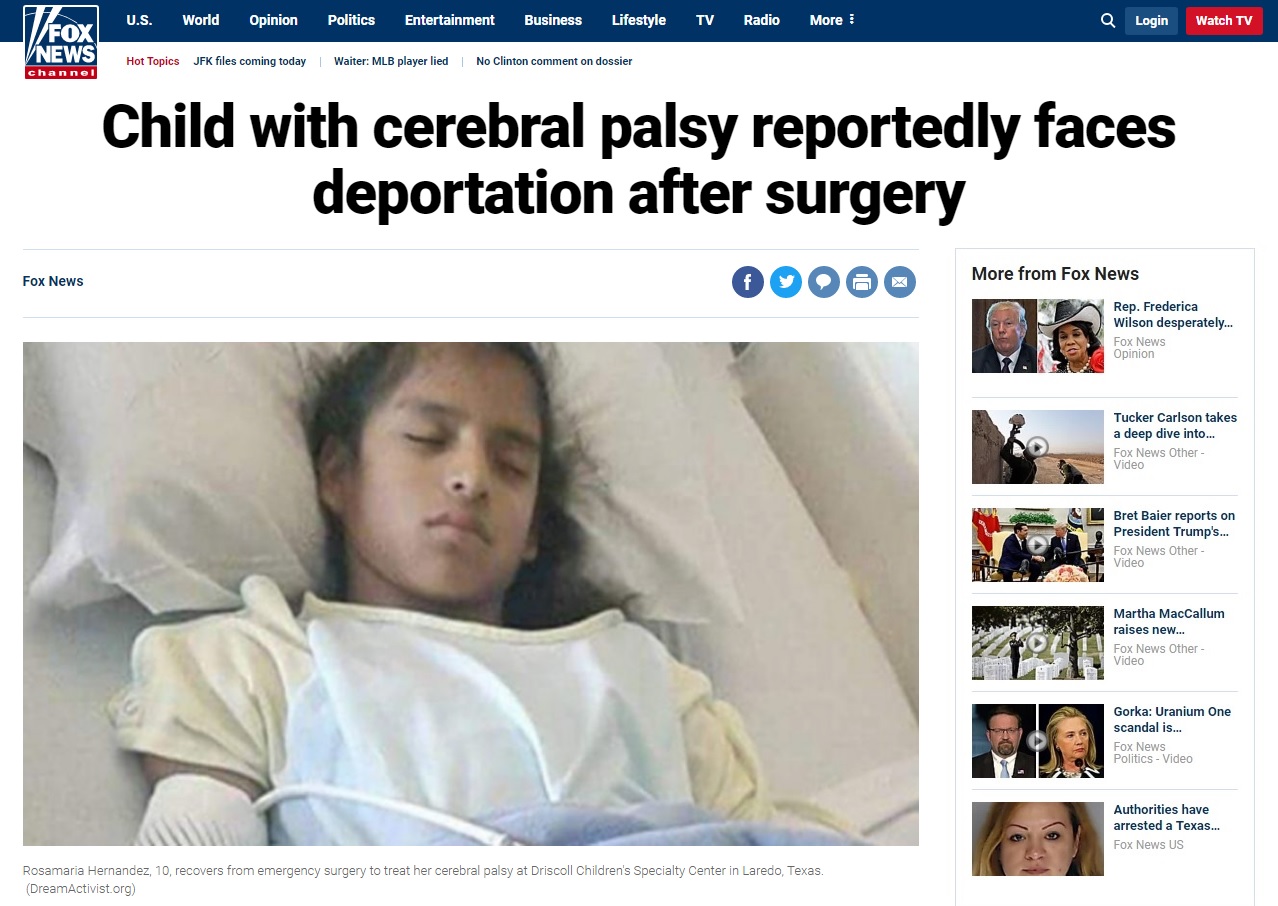 미국 국경순찰대가 응급수술을 받는 불법체류자 소녀를 구금해 논란을 일으킨 사건을 보도하는 <폭스뉴스> 갈무리.