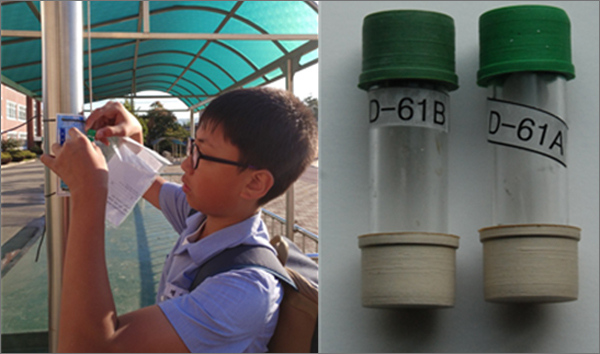 대전시민대기오염모니터링에 참여한 청소년이 이산화질소 간이 캡슐을 부착하는 모습(왼쪽)과 간이캡슐.
