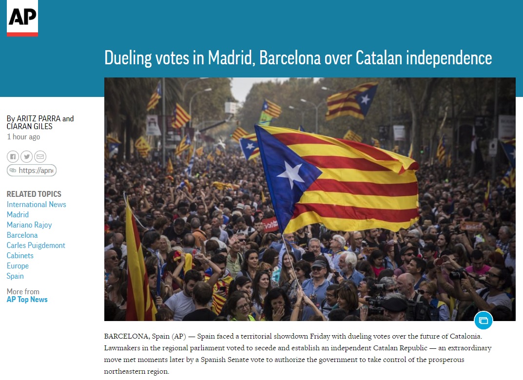 스페인 카탈루냐의 독립 선포를 보도하는 AP 뉴스 갈무리.