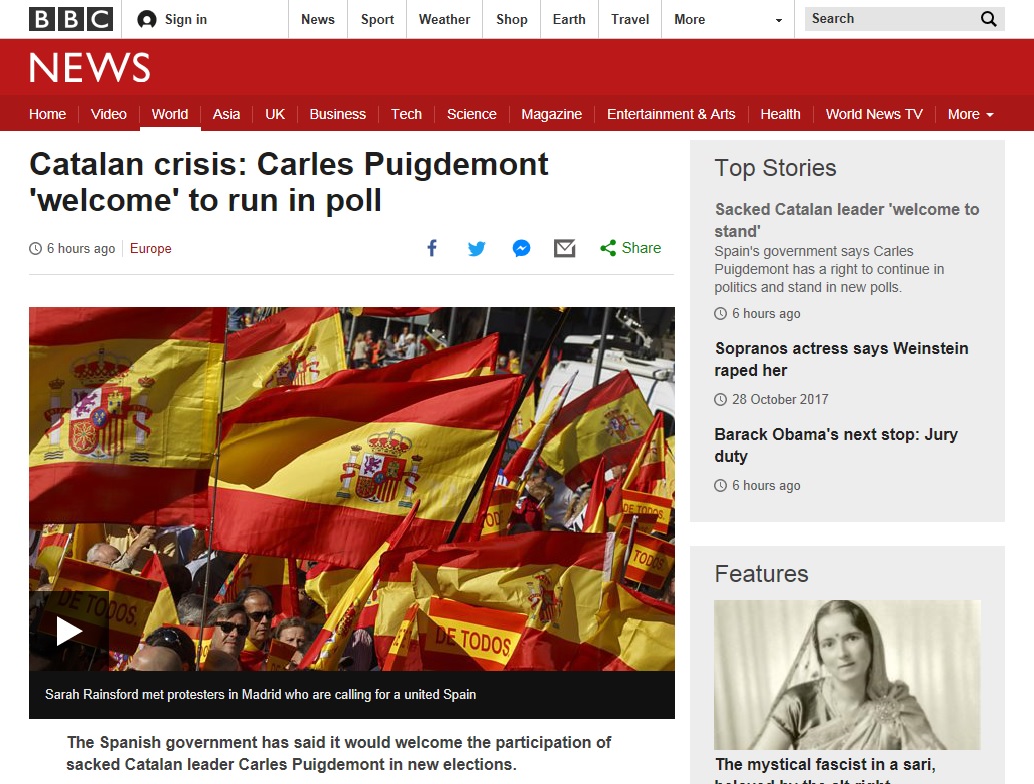 스페인 정부의 카를레스 푸지데몬 카탈루냐 자치정부 수반 선거 출마 허용을 보도하는 BBC 뉴스 갈무리.