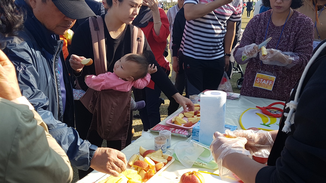  사과 시식장이 인기가 좋다. 많은 주민들이 모여 사과를 시식하고 있다. 사과를 깍는 행사 진행요원의 손길이 바쁘다. 