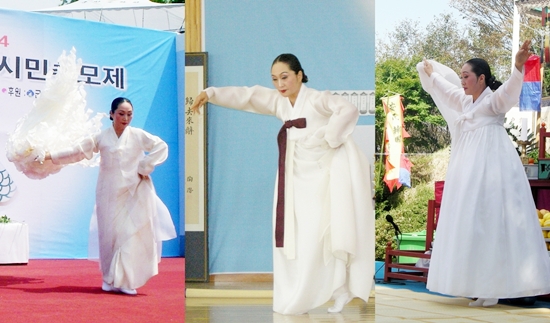 임귀성 원장의 지전춤(왼쪽), 살풀이춤(가운데), 도살풀이춤(오른쪽)
