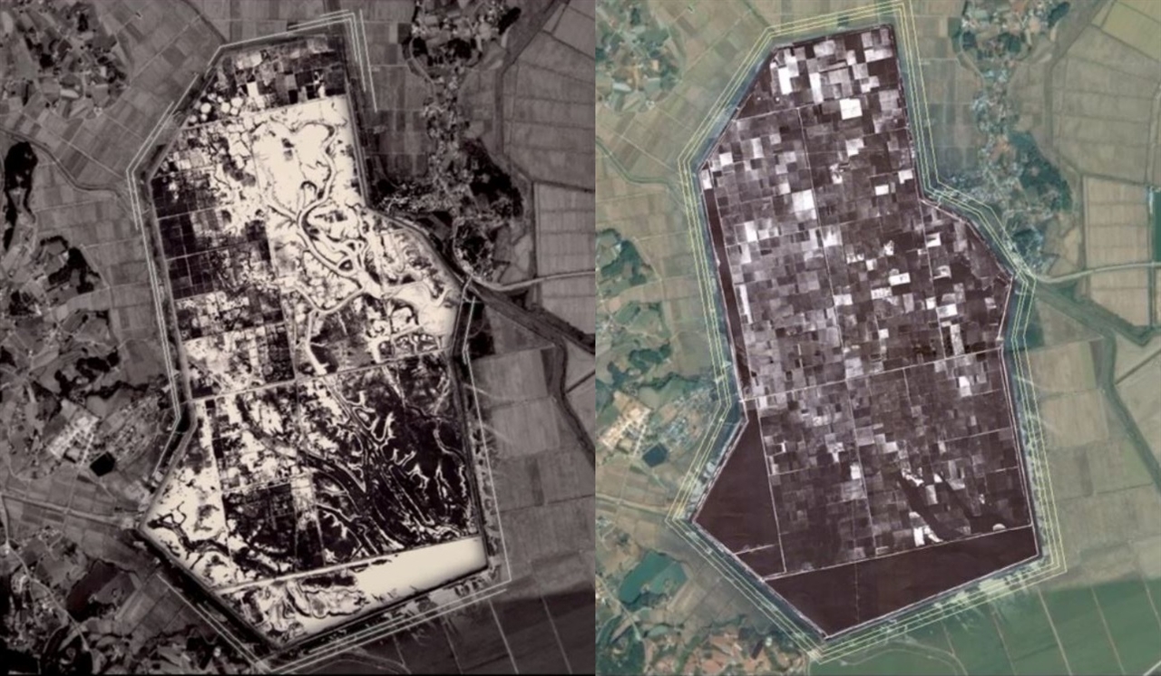 서산 인지면 모월리 일대, 개척단원들이 개간한 땅의 모습이다. 왼쪽은 1968년 항공사진, 오른쪽은 1977년 항공사진이다. 10년 사이 땅이 반듯하게 정리됐음을 알 수 있다. 