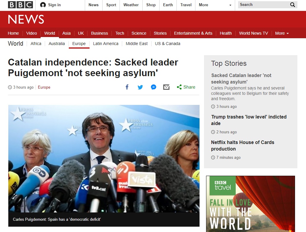 카탈루냐 자치정부 지도부의 기자회견을 보도하는 BBC 뉴스 갈무리.