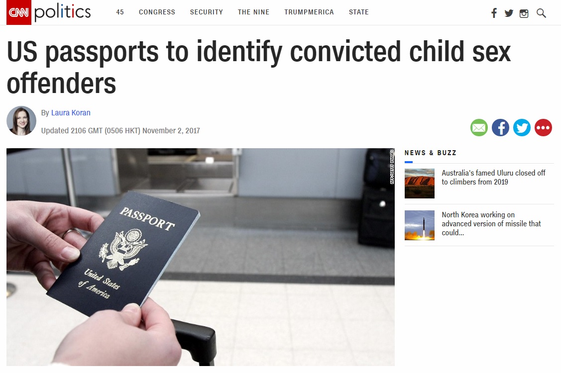 미국 여권의 아동 성범죄 전과 기록 명기를 보도하는 CNN 뉴스 갈무리.