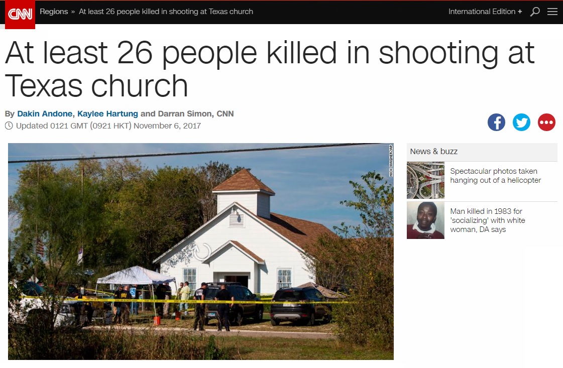 미국 텍사스주의 한 교회에서 발생한 총기 난사 사건을 보도하는 CNN 뉴스 갈무리.