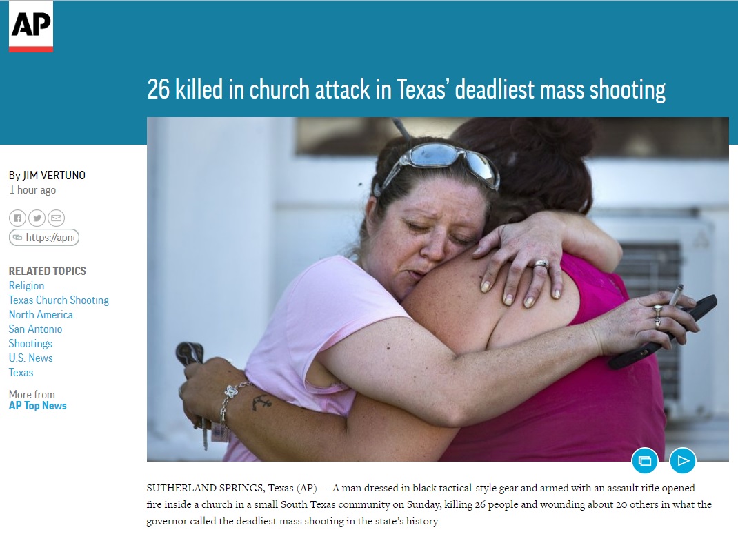 미국 텍사스주의 한 교회에서 발생한 총기 난사 사건을 보도하는 AP 뉴스 갈무리.