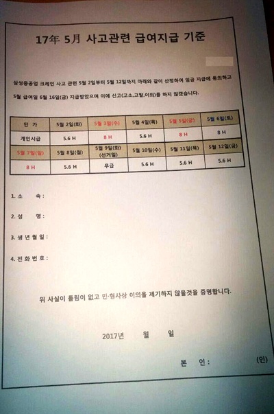 삼성중공업 하청업체의 '5월 사고 관련 급여지급 기준'. 자료.